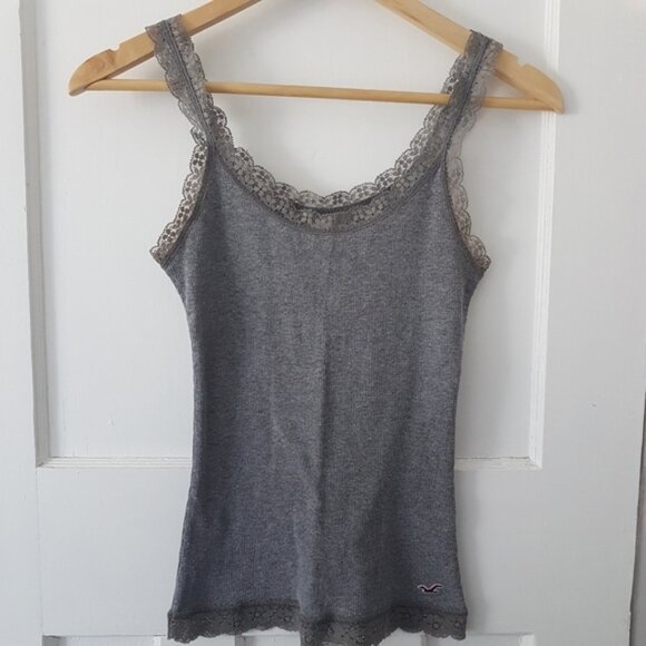Hollister Similar Elena Gilbert Y2K Lace Detail Ribbed Tank Top Gray Sz XS - Picture 1 of 7